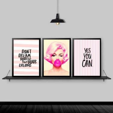Imagem de Kit 3 Quadros Marilyn Life Your Dreams 33X24Cm Moldura Preta