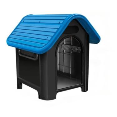 Imagem de Casa Plástica para Cachorro Porte Médio N6 MecPet com Ventilação Lateral Lavável Proteção contra Chuva e Frio(TELHADO AZUL)