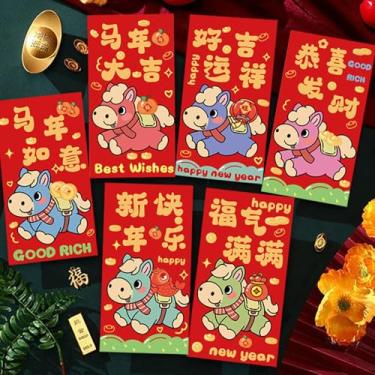 Imagem de Envelopes vermelhos coloridos do ano do cavalo 2026 12 peças, Ano Novo Chinês Hong Bao - Frases auspiciosas bilíngues para o festival da primavera