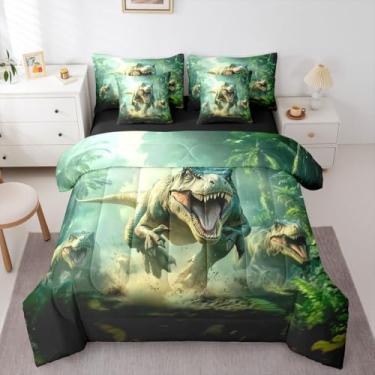 Imagem de Erosebridal Jogo de cama infantil com estampa de dinossauro, 7 peças, solteiro, verde (1 edredom, 1 lençol com elástico, 1 lençol de cima, 2 fronhas, 2 fronhas)