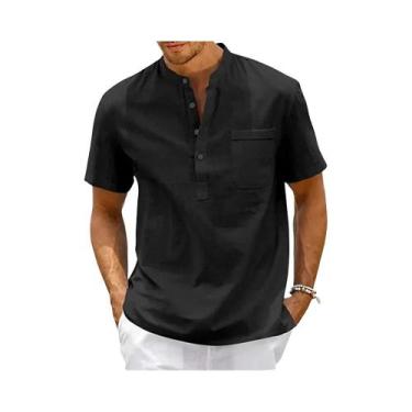 Imagem de Camisa Casual De Praia Masculina Vintage Em Algodão E Linho Com Gola H