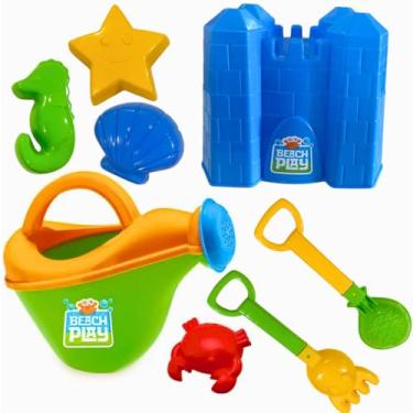 Imagem de Kit Castelo de Praia com Regador, Conjunto de Brinquedos para Areia, 4 Forminhas, Pá e Rastelo, Brinquedo Educativo para Crianças
