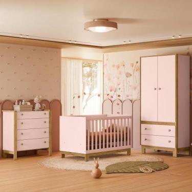 Imagem de Quarto Infantil Flora Guarda Roupa 2 Portas, Comoda 4 Gavetas, Berço R