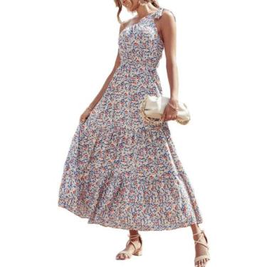 Imagem de Vestido PRETTYGARDEN Maxi Floral Nó Ombro Único Azul M