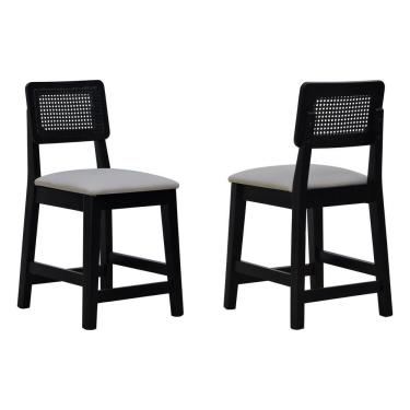 Imagem de Kit 2 Banquetas Baixa-cadeira Gabi Madeira Maciça Encosto Telinha Assento Estofado - Preto Assento Estofado Linho Bege