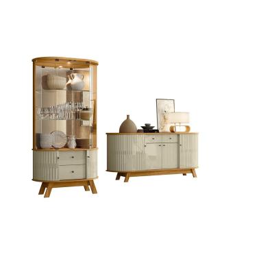 Imagem de Kit Sala de Jantar Mônaco e Moss Cumaru Opala Buffet 4 Portas e Cristaleira com LED Lib...