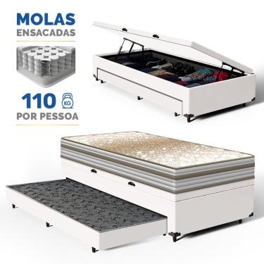 Imagem de Cama Box Baú com Colchão de Molas Ensacadas Double Face Pillow Euro Alfa Probel + Auxiliar Solteiro 88cm