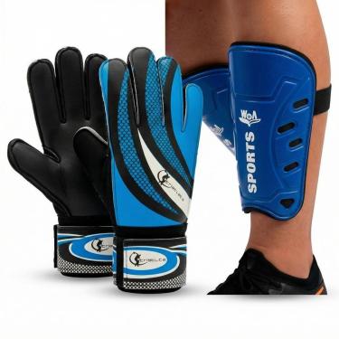 Imagem de Kit Luva Para Goleiro Adulto Caneleira Para Futebol Azul-Unissex