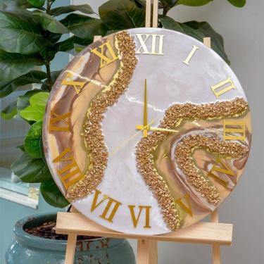 Imagem de Relógio De Parede Grande 60cm Luxo - Fundo Branco Perolado Com Dourado E Marrom