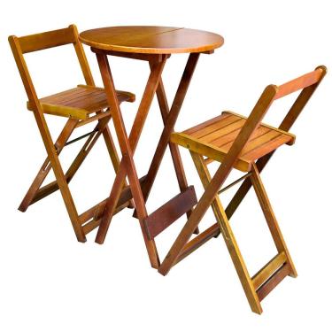 Imagem de Kit Bistrô de Madeira 55cm Redondo Dobrável com 2 Cadeiras para Restaurante Área de Lazer - Natural
