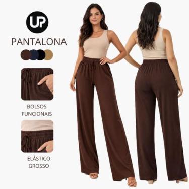 Imagem de Calça Pantalona Feminina Duna Com Bolso Cós Elástico Cintura Alta Eleg