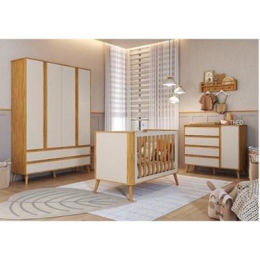 Imagem de Quarto de Bebê Guarda-Roupa 4 Portas Cômoda e Berço Arredondado 3 em 1