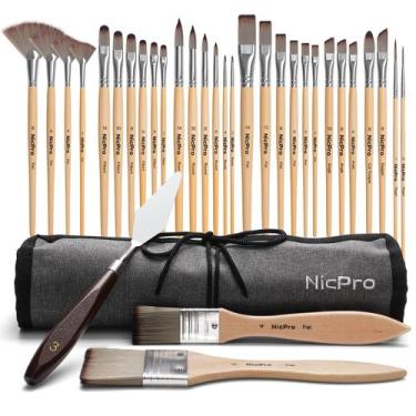 Imagem de Kit de Pincéis Nicpro 32 Peças para Acrílica, Óleo, Aquarela e Tela