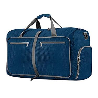 Imagem de JXGSGOGO Bolsa esportiva dobrável grande 80L com compartimento de sapatos, bolsa de viagem leve e embalável repelente à água para acampamento Gym Weekender Bag, Azul escuro