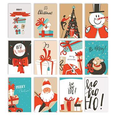 Imagem de Conjunto de cartões comemorativos de Natal, pacote com 100, 10 x 15 cm, 12 designs ilustrativos personalizados sortidos, interior em branco, da Better Office Products, completo com envelopes, conjunto