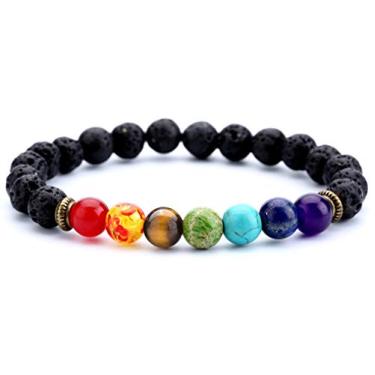 Imagem de Hamoery Pulseira masculina feminina de 8 mm, pedra vulcânica, 7 contas de chacra, corda trançada, pedra natural, pulseira de ioga, Regular