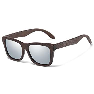 Imagem de Óculos de sol de madeira de bambu natural feito à mão lentes de revestimento de espelho polarizado com caixa de presente, prata, bambu escuro