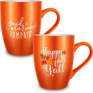 Imagem de 2 peças Caneca de café Happy Fall Y'all outono bom dia abóbora campper Cup caneca acampamento caneca de acampamento copo de cerâmica de ação de graças para casa mulheres homens mãe pai