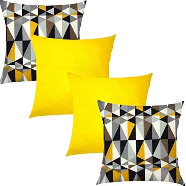 Imagem de Kit 4 Capas de Almofadas Composê Geométrico Amarelo com Cinza e Cetim Amarelo 45x45cm