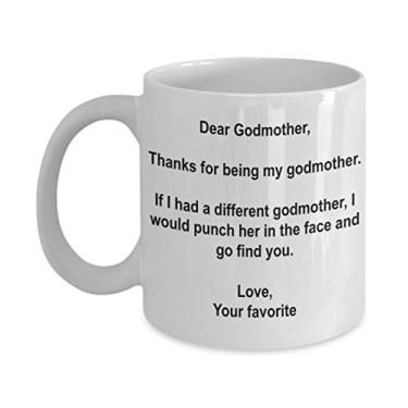 Imagem de SpreadPassion Presentes engraçados para madrinha - Caneca de café I'd Punch Another Godmother In The Face - Copo de presente de mordaça do seu filho