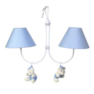 Imagem de Lustre 2L Simples Com 2 Ursinhos De Boné Azul Quarto Bebê Infantil Men