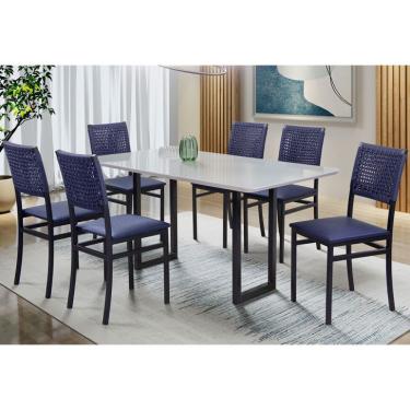 Imagem de Conjunto de Mesa de Jantar Retangular com Tampo de Vidro Branco e 6 Cadeiras Madri Azul e Preto