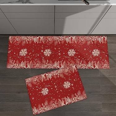 Imagem de Conjunto de 2 tapetes de cozinha de Natal flocos de neve baga pinhas folhas abstratas vinho inverno para tapetes acolchoados de chão e tapetes antiderrapante absorvente corredor confortável tapete de pé