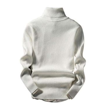 Imagem de Suéter masculino de gola rolê de outono inverno pulôver de malha sólida masculino slim fit casual suéter manga longa tricô, Branco, X-Large