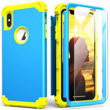 Imagem de IDweel Capa para iPhone Xs Max com protetor de tela (vidro temperado), absorção de choque 3 em 1, capa rígida de policarbonato rígido, amortecedor de silicone macio, capa durável, azul celeste/amarelo