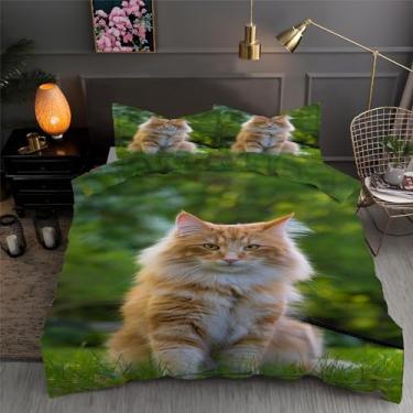Imagem de Jogo de cama de capa de edredom solteiro gato floresta animais de estimação 3 peças texturizadas de microfibra macia 172,7 x 228,6 cm e 2 fronhas, com fecho de zíper e laços