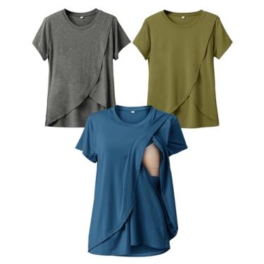Imagem de Rnxrbb Camisetas de amamentação de manga curta para amamentação conjuntos de roupas pós-parto de verão pacote com 3 camadas duplas, Azul escuro, cinza e verde exército, GG
