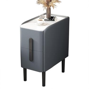 Imagem de Mesa lateral estreita com 2 gavetas | Mesa de cabeceira fina Mesa de sofá moderna para decoração de casa | Mesa de cabeceira moderna de meados do século para espaços pequenos, cinza-azul, 30