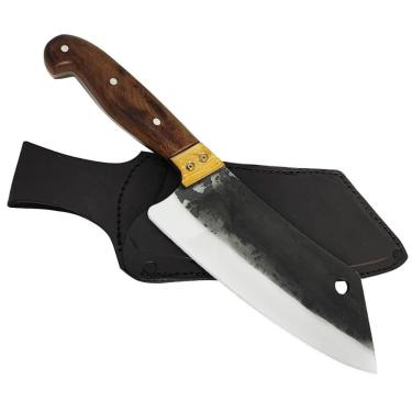 Imagem de Cutelo Artesanal 8` Churrasco Cabo de Madeira Carne Cozinha Brut Forge Aço Carbono 1070