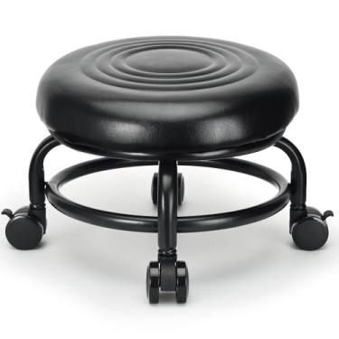 Imagem de LWADALN Banqueta com rodinhas de baixa altura, cadeira confortável de couro PU, banqueta moderna de baixo rolamento para escritório em casa, garagem, loja