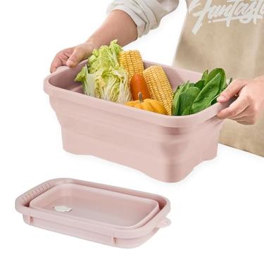 Imagem de Daimix Panelas de prato dobráveis, capacidade de 7,5 L, panela de prato de plástico para pia de cozinha com orifício de drenagem, lavatório pequeno dobrável para cozinha, acampamento, viagem (rosa)