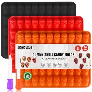 Imagem de RUGVOMWM Pacote com 3 moldes de silicone para doces de caveira de Halloween, mini molde de caveira de Halloween com 2 conta-gotas para chocolate, doces, cubos de gelo - laranja, vermelho, preto