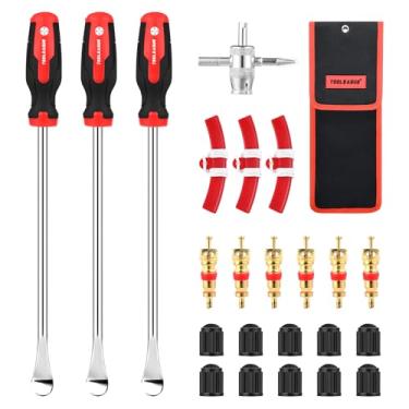 Imagem de TOOLEAGUE Conjunto de colher de pneu de aço de 36,8 cm, kit de ferramentas de troca de pneu para motocicleta, bicicleta trator, protetor de aro, ferramenta de válvula, núcleos de válvula, trocador de
