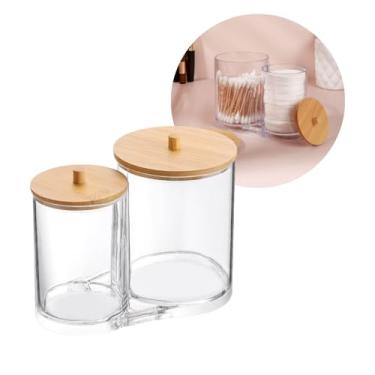 Imagem de Porta Algodão E Cotonete Duplo Suporte Acrílico C/ Tampa Bambu Caixa Organizador Cosméticos Dispenser Bola E Discos Algodão Pote Armazenamento Transparente Maquiagem Kit Banheiro Redondo