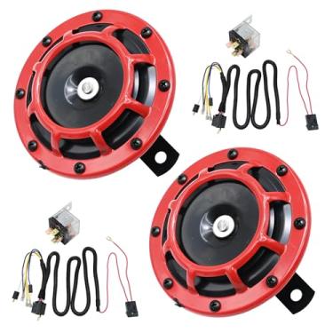 Imagem de laffoonparts Buzina 12V Air Car 130DB Substituição para 12V Carro Caminhão Motocicleta Barco ATV Go-Kart UTV RV SUV Buzina Elétrica Impermeável Buzina Dupla (Buzina Vermelha com Fio)