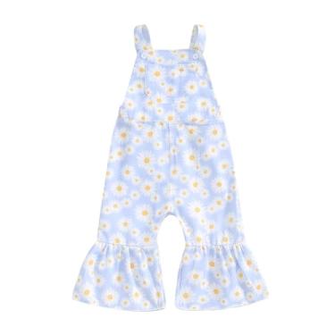 Imagem de ZAXARRA Macacão de outono floral para meninas, macacão com boca de sino, macacão de perna flare, Azul, 18-24 Meses