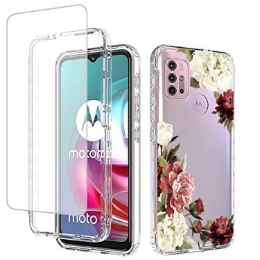 Imagem de Yodueiv Capa para celular Moto G30/Moto G10/Moto G20/Moto G10 Power XT2129-1 com protetor de tela de vidro temperado, capa protetora para celular com estampa floral transparente para Motorola Moto G30