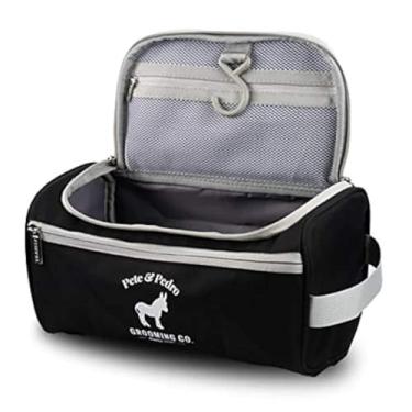 Imagem de Pete & Pedro Bolsa de higiene pessoal – Kit Dopp para homens e mulheres | Tamanho de viagem para artigos de higiene pessoal, cosméticos e barbear | Grande, inclui gancho de cabide, cabo, 3 seções, repelente de água | Como visto no tanque de tubarão, preto, Preto/branco