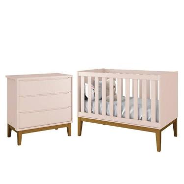 Imagem de Jogo De Quarto Infantil Cômoda 3 Gavetas E Berço Classic Rosa Fosco Com Pés Amadeirado Reller Móveis Rosa Fosco