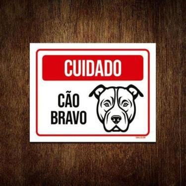 Imagem de Kit 5 Placas Sinalização - Cuidado Cão Bravo Preto Branco