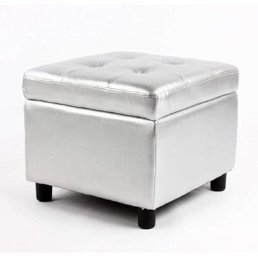 Imagem de Espreguiçadeira quadrada de couro otomano estofado pequeno com armazenamento com pernas de madeira para mudança de sapatos para quarto, sala de estar, prata