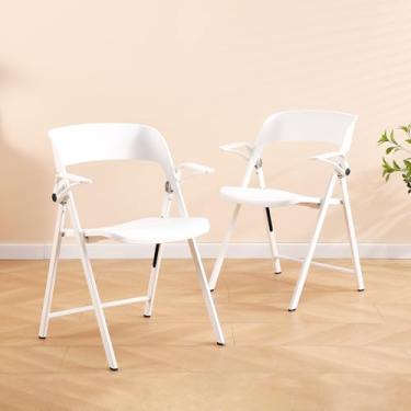 Imagem de BOOSDEN Cadeira dobrável, pacote com 2, cadeira dobrável de plástico com apoio de braço, assento dobrável para dentro e fora, festa, eventos, escritório - branca