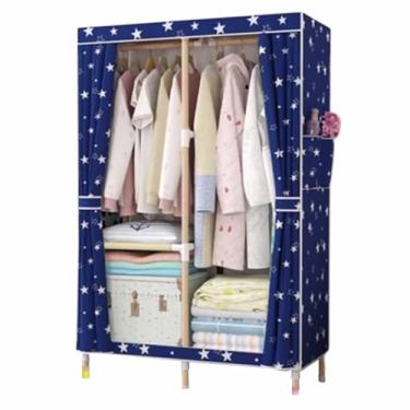 Imagem de Guarda-roupa Armário de guarda-roupa resistente dobrável grosso madeira maciça montado oxford pano único tecido dormitório aluguel pano guarda-roupa armário