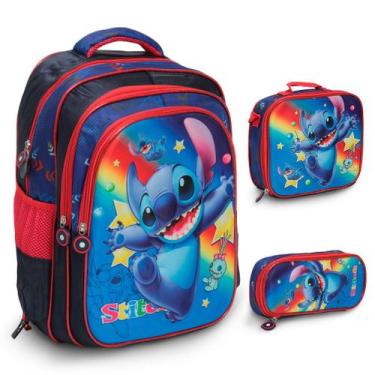 Imagem de Kit Mochila Infantil Lancheira Estojo Stitch Costas Tam G - Plike