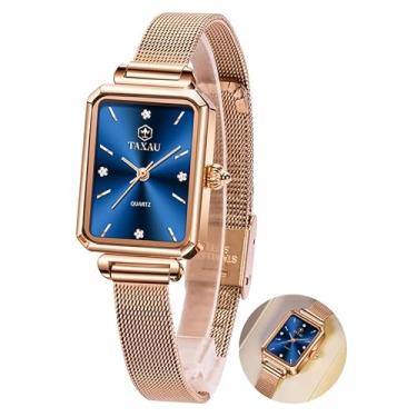 Imagem de Taxau Relógio feminino casual, pulseira de malha em tom de ouro rosa, aço inoxidável, quadrado, relógio de pulso feminino de quartzo analógico de moda para negócios, Pulseira A2 com rosto azul + ouro