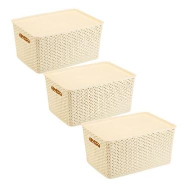 Imagem de Kit 3 Caixas Organizadoras C/ Tampa Grande 15 L Rattan Creme - Plasnor